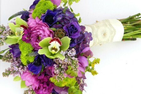 anemoner, buket, blomster, hortensia, lilla, orkideer, Foto, roser