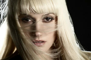 black background, blonde, eyelashes, eyes, Gwen Stefani, hair, lips, look