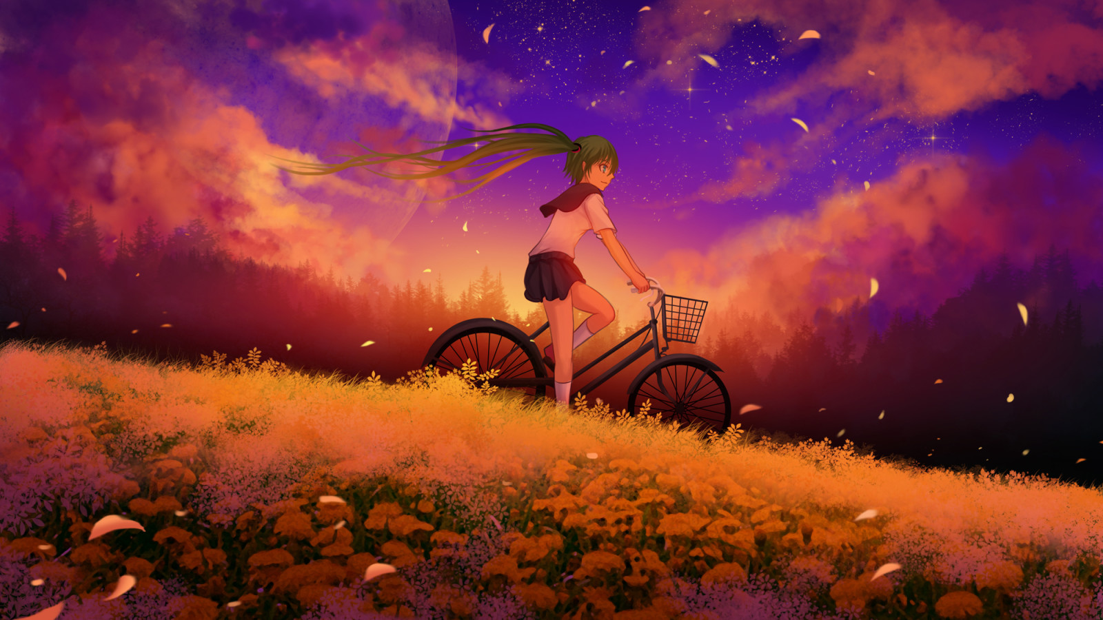 Le ciel, fille, le coucher du soleil, fleurs, art, La lune, des nuages, pétales