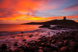 England, glow, Northumberland, sea, shore, stones