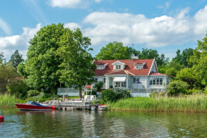 Barche, nuvole, Casa, molo, fiume, riva, Svezia, le canne