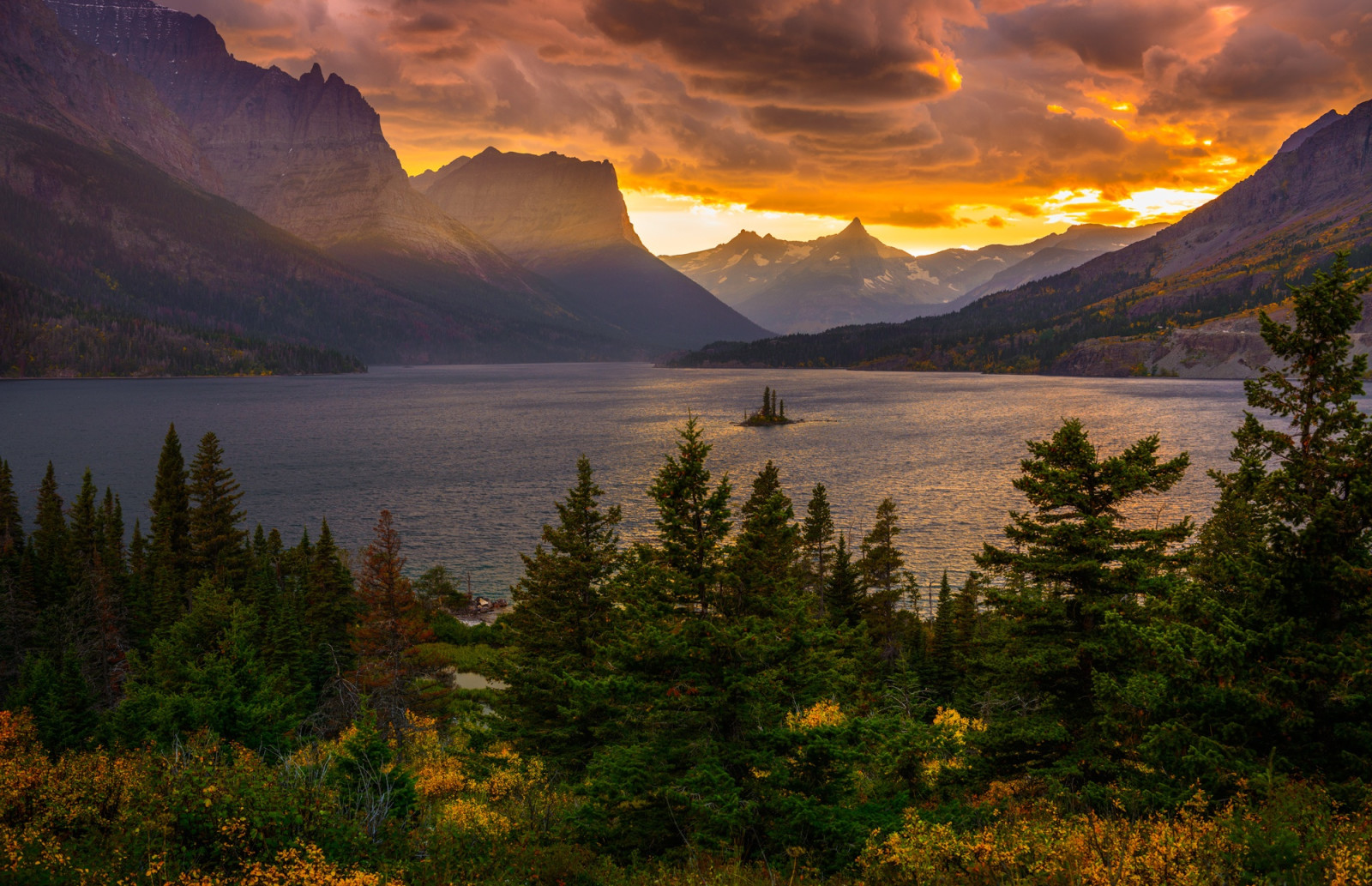 forest, the sky, lake, sunset, trees, clouds, mountains