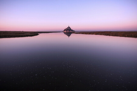 pevnost, Francie, ostrov, Mont-Saint-Michel, odraz, nebe, voda