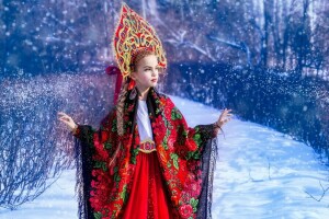 etno, menina, kokoshnik, equipamento, xaile, neve, inverno