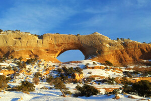 arch, rock, snow, the sky