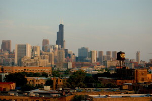 Chicago, panorama, skyskrabere, byen