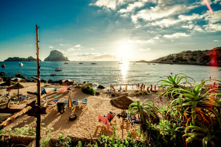 plage, bateaux, des nuages, Ibiza, îles, le sable, mer, rive