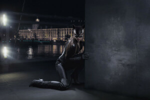 bottes, catwoman, costume, en embuscade, masque, nuit, la ville, mur