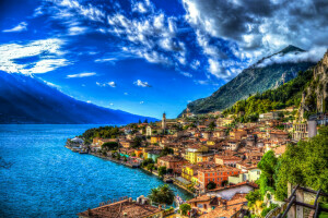 Baia, nuvole, costa, HDR, casa, Italia, montagne, Sorrento