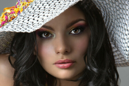 brunette, visage, chapeau, lèvres, rouge à lèvres, Regardez, modèle