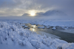 morning, mountains, river, snow