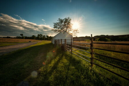 house, landscape, road, the fence