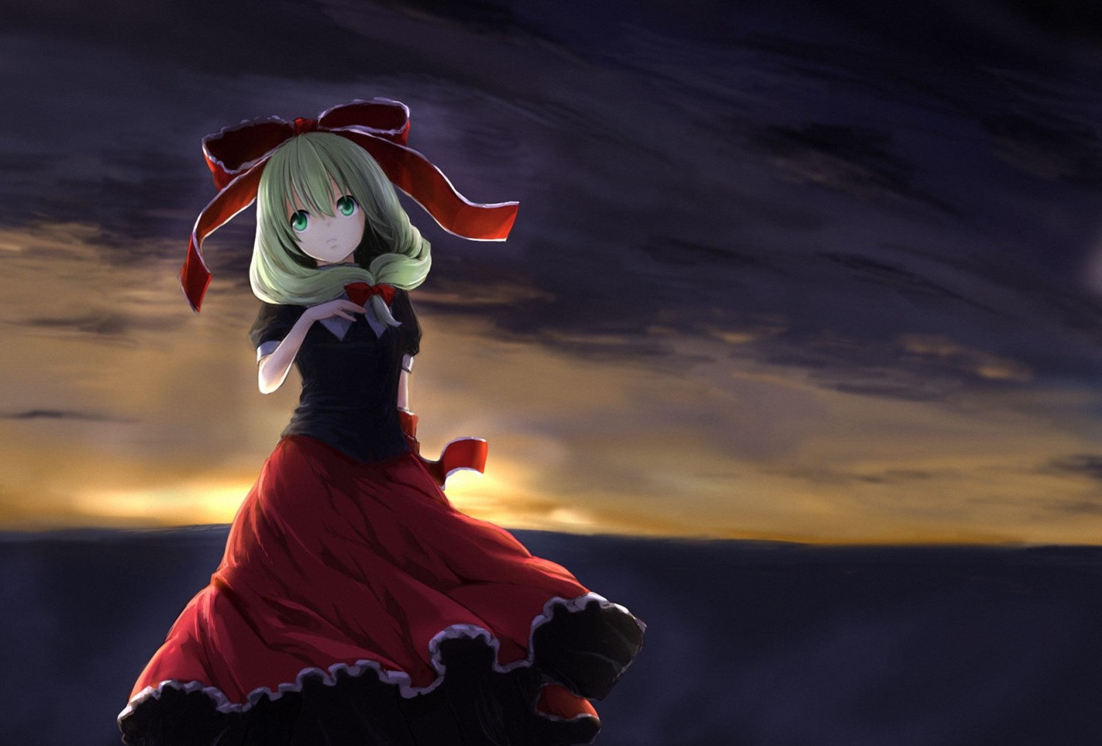 Mädchen, Sonnenuntergang, Kunst, Bogen, Träumereien, Touhou, Kagiyama Hina