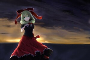 artă, arc, fată, Kagiyama Hina, reverie, apus de soare, Touhou