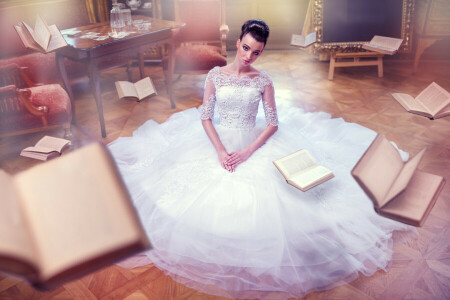 dress, flying books, Life They Will Treat Guests, the bride