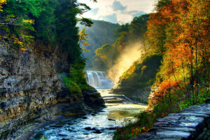 otoño, BELLEZA, cascada, para, bosque, río, rocas, piedras