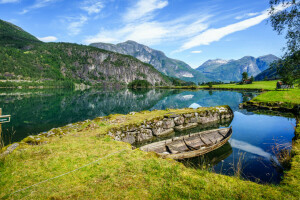 barco, montanhas, Noruega, Sogn e Fjordane, Sogn og Fjordane, Stryn, Svoragrova, o fiorde