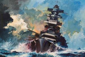 Action, art, gouache., Imperial, Japanese, Military, Navy, oil