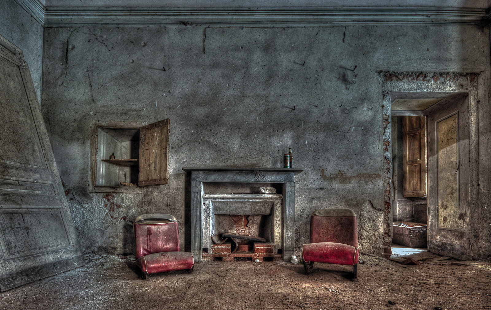 chairs, the door, fireplace