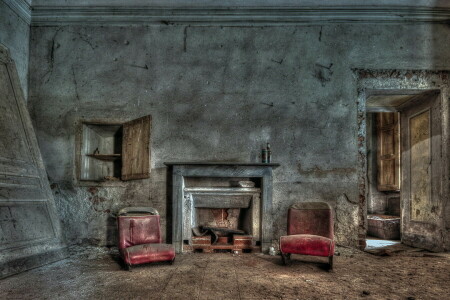 chairs, fireplace, the door