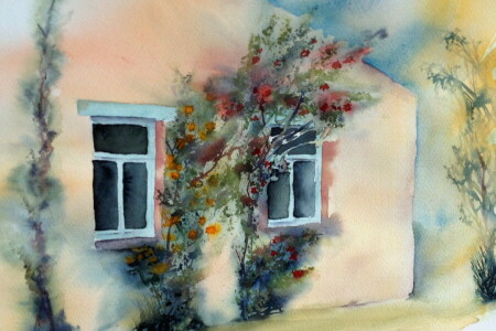 maison, image, aquarelle