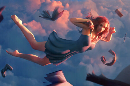 art, book, clouds, dress, gamepad, girl, Headphones, sleep