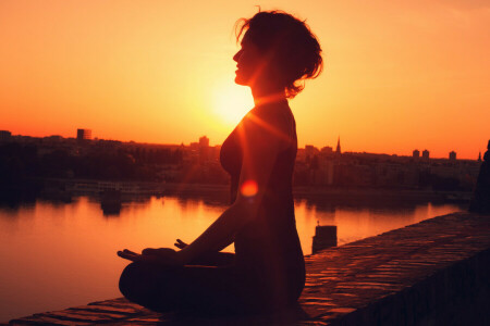 houding, zonsondergang, Vrouw, yoga