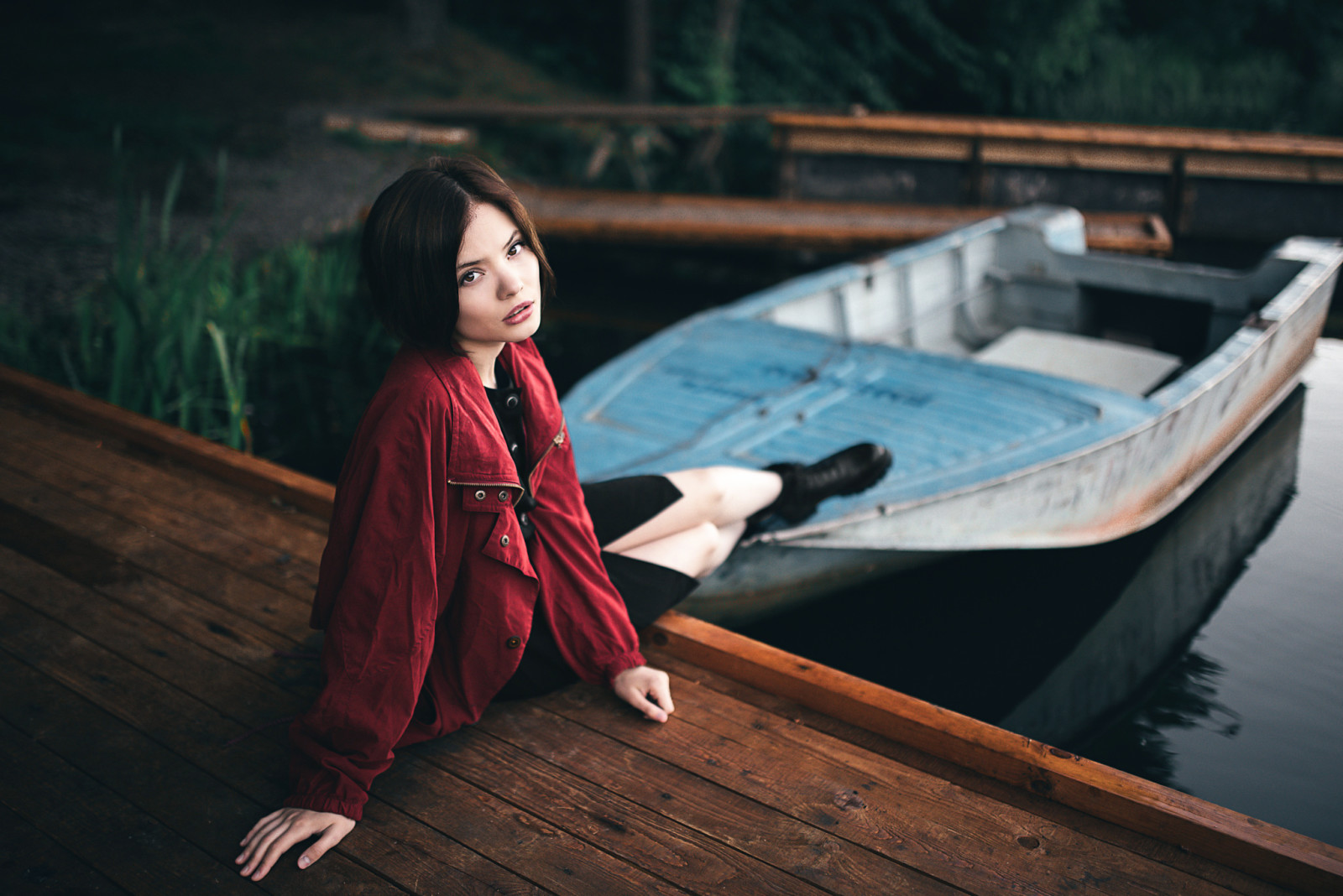 summer, lake, girl, portrait, art, water, boat, pier