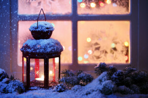 candle, Christmas, decoration, lantern, light, Merry, New Year, snow