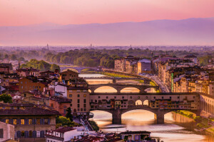 Brug, Florence, huis, Italië, landschap, bergen, de rivier de Arno, de lucht