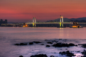 Baia, ponte, casa, luci, montagne, notte, Corea del Sud, pietre