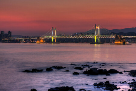 Bay, Bridge, home, lights, mountains, night, South Korea, stones