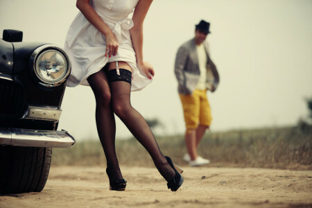 blur, car, girl, legs, male, road, stockings, the situation