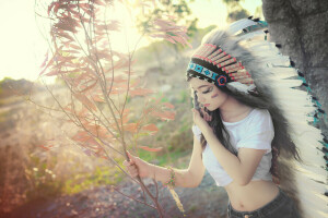 coloration, visage, plumes, fille, coiffure, la nature, style, été