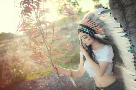 coloring, face, feathers, girl, headdress, nature, style, summer