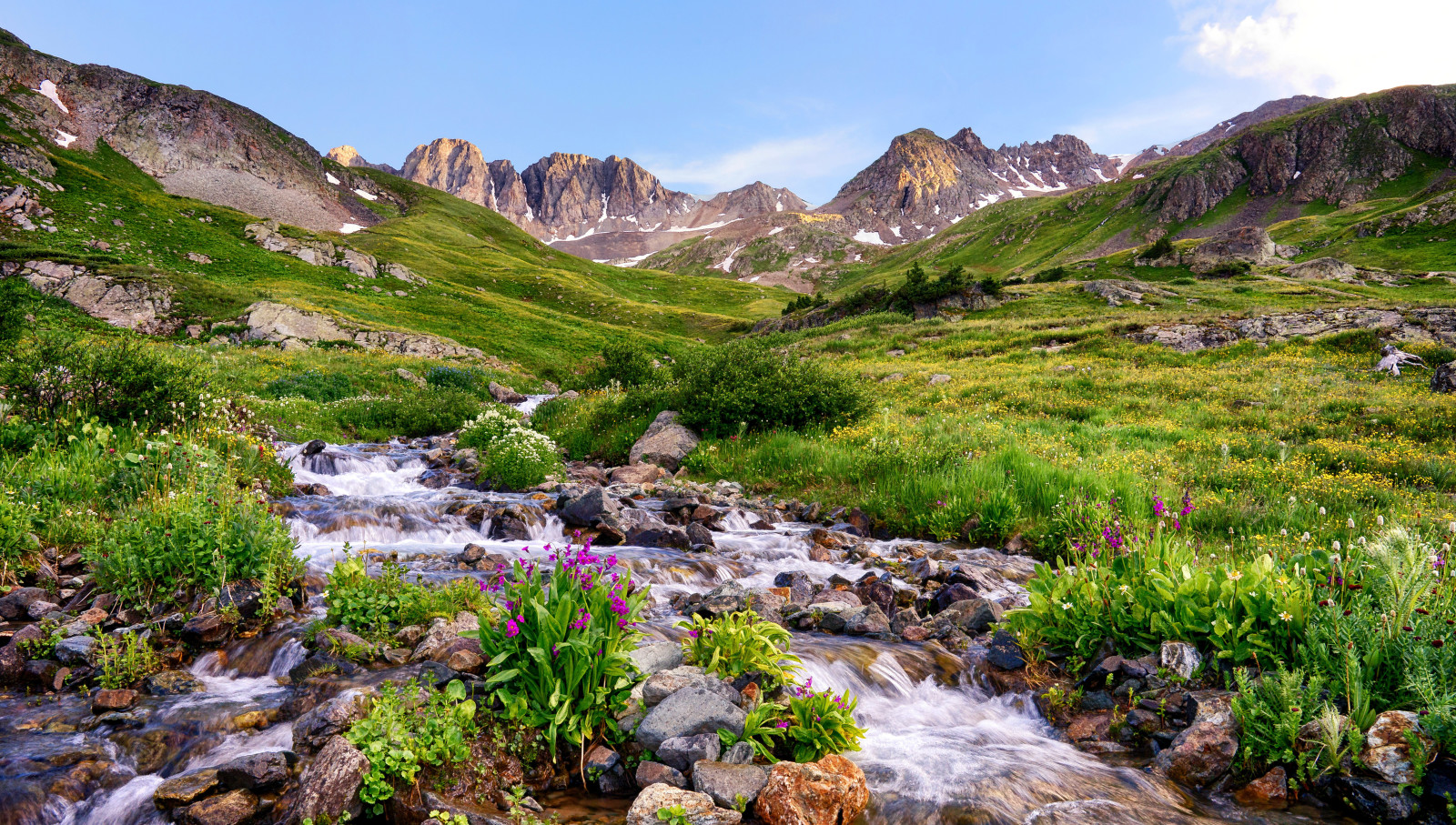 grass, stones, flowers, mountains, valley, USA, stream, Colorado