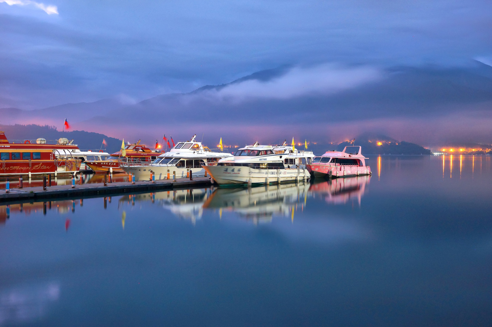 the sky, lake, mountains, ship, boat, pier