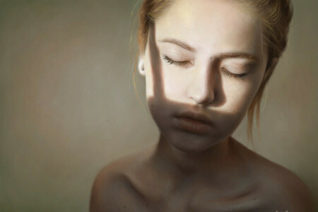 art, closed eyes, Elena Sai, girl, neck, red