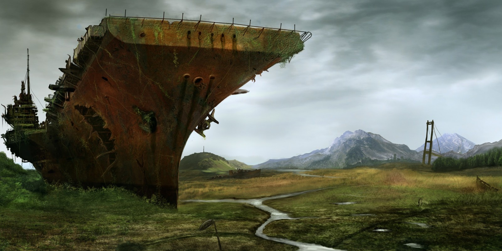 river, art, ship, valley, Bridge, The carrier, devastation, postapokalipsis