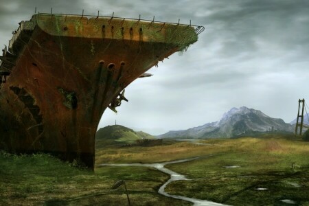 art, Bridge, devastation, postapokalipsis, river, ship, The carrier, the skeleton