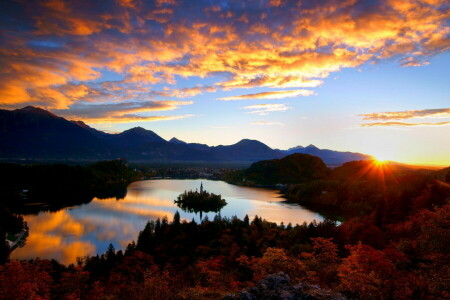 castillo, Iglesia, Croacia, amanecer, bosque, isla, lago, montañas