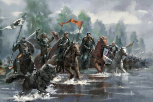 Army, banner, dog, horses, King, knight, river