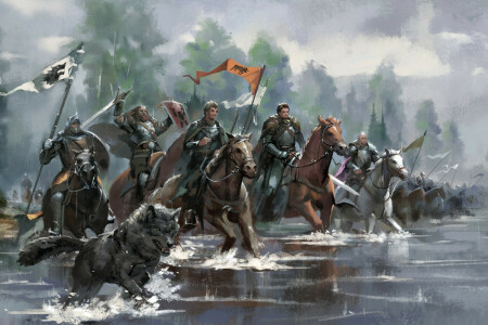 Ejército, bandera, perro, caballos, Rey, Caballero, río