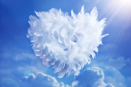 blue, clouds, feathers, heart, The rays of the sun, the sky, valentine's day, white