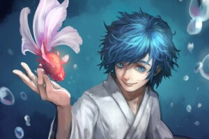 Kunst, Luftblasen, Fisch, Kerl, Kaito, Kimono, Lächeln, Vocaloid