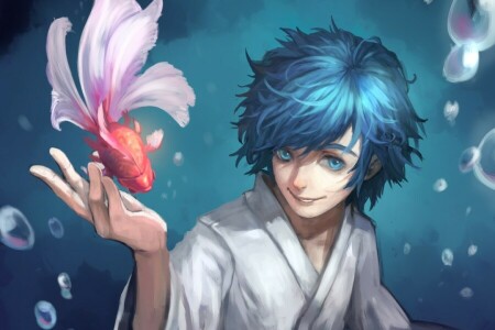 art, bubbles, fish, guy, Kaito, kimono, smile, vocaloid