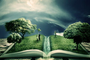 book, children, creative, greens, trees