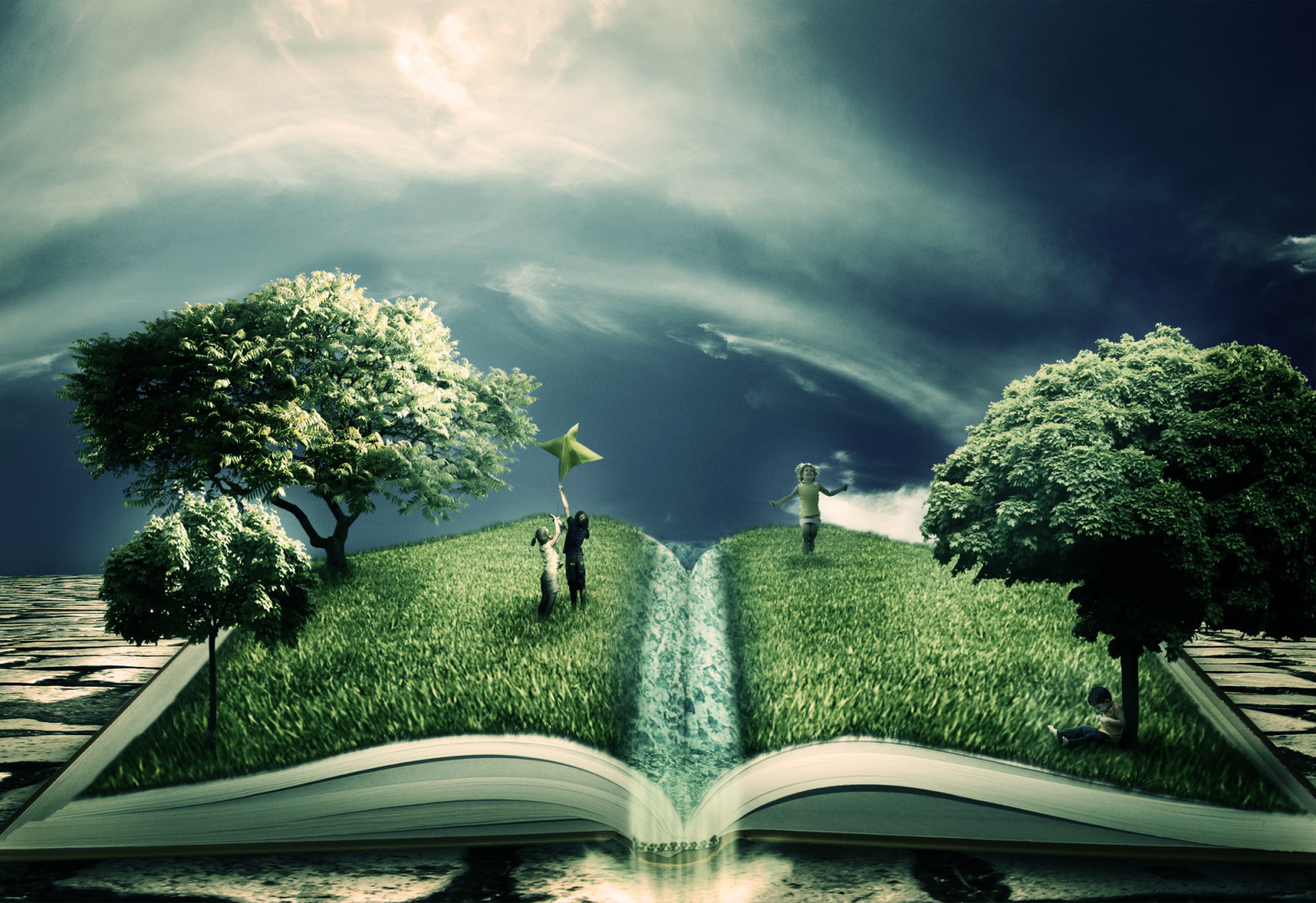 children, trees, greens, book, creative