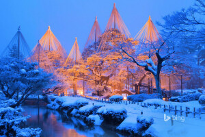 Japán, Kanazawa, Kenroku-EN, Park, hó, téli