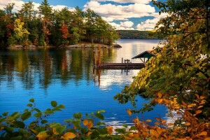 autumn, branches, island, lake, lake George, Marina, New York, trees